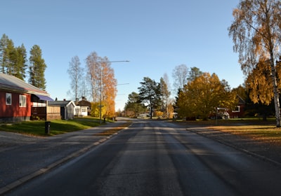 An empty residential street running straight into the distance, with a red timber house on the left and autumn trees along both sides