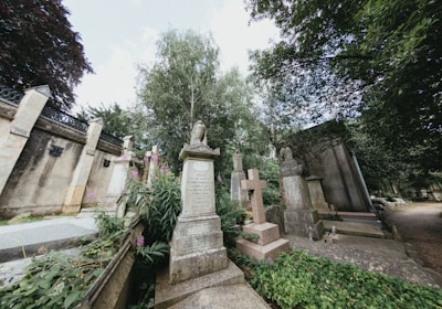 Weathered stone headstones and a cross among overgrown greenery, with mature trees and a low boundary wall behind